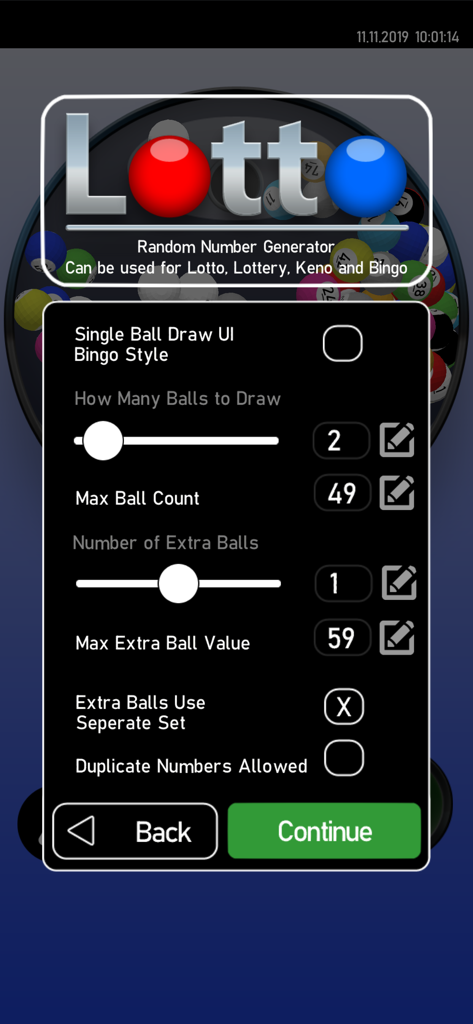 Settings interface of the Lotto 3D app showing customization options for lottery and bingo number draws.