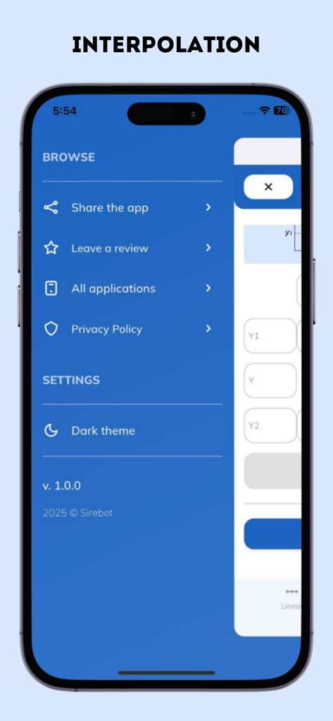 El menú lateral de la aplicación Calculadora de Interp mostrando opciones de navegación y configuración sobre un fondo azul.