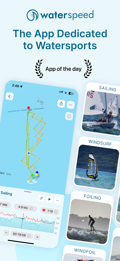 Waterspeed app screenshot showing GPS tracking map for sailing and performance metrics