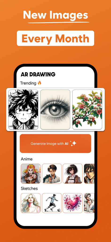 AR Drawing - Trace & Sketch - AR Drawing app interface featuring anime and sketch templates with an AI image generator.