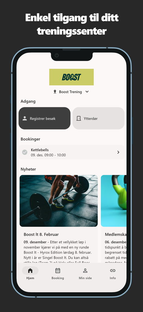 Boost Trening - Panel de control de la aplicación Boost Trening que muestra controles de entrada al gimnasio, reservas de clases y noticias del centro de fitness.