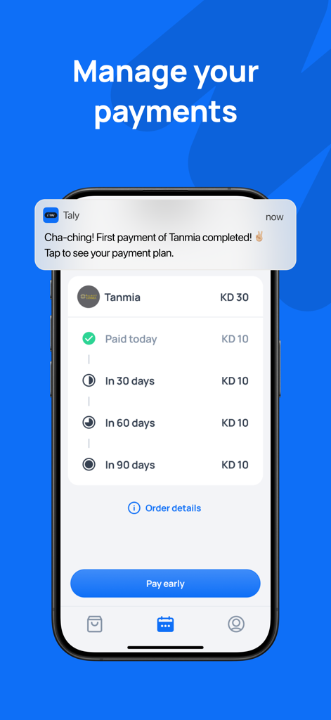 Taly | Split your payments - Uno smartphone che visualizza l'interfaccia dell'app Taly che mostra un piano di pagamento in quattro rate per un acquisto.