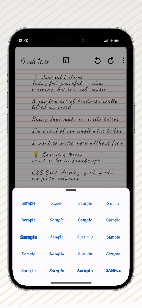 Quick Note mobile App-Oberfläche auf dem iPhone zeigt eine Ein-Seiten-Notiz mit Tagebucheinträgen und ein Auswahlmenü für verschiedene Schriftarten.