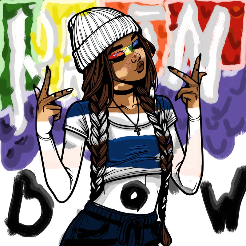 realistic teenage girl with braids and a beanie and crop top doing 🫶🏼