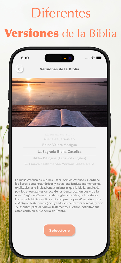 Interface of the Santa Biblia app showing different Bible versions available for selection.
