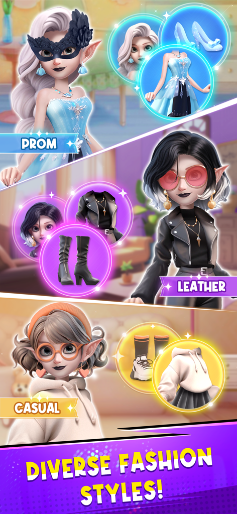 Super Match - PvP Match 3 - Exibição de diversos estilos de moda de avatar, incluindo os estilos Prom Leather e Casual no Super Match PvP Match 3