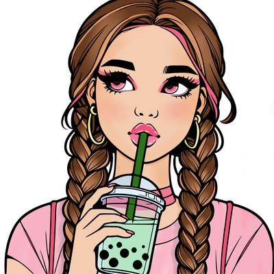realistic girl with braided hair drinking boba