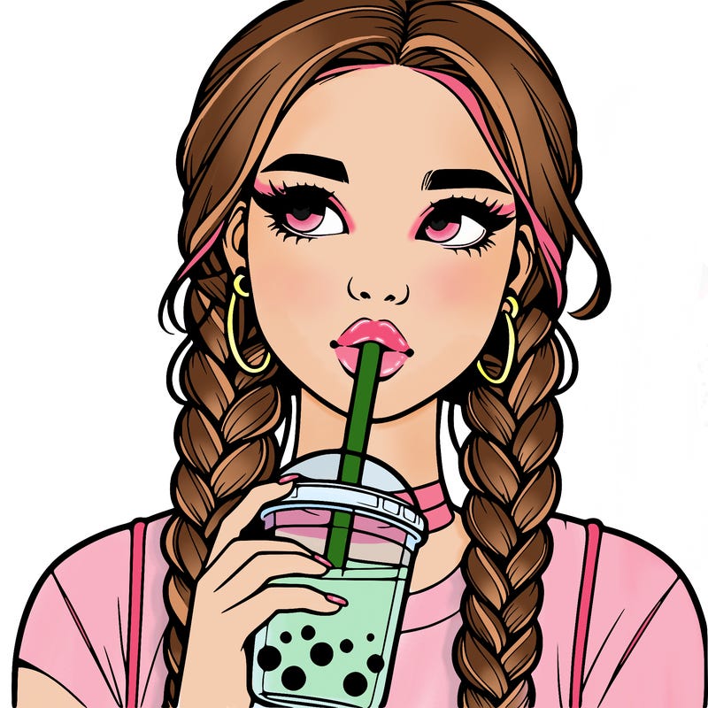 realistic girl with braided hair drinking boba