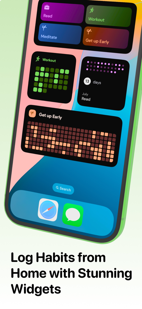 Goal Tracker - Rise - iOS home screen featuring minimalist habit tracking widgets for workout reading and meditation