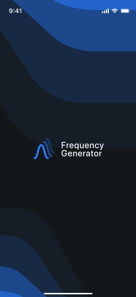 Frequency Generator mobile app launch screen with blue logo and text