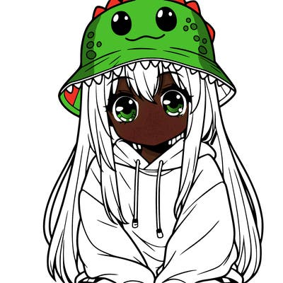girl with anime shaped eyes with a dinosaur bucket hat oversized sweatshirt long straight hair