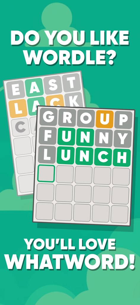 WhatWordパズルゲームのインターフェース。Wordleに似た緑とオレンジの文字タイルが表示されています。