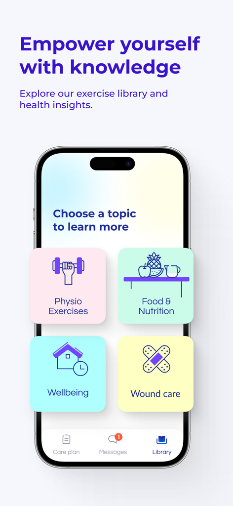Post Op mobile app library screen showing categories for physio exercises food nutrition wellbeing and wound care