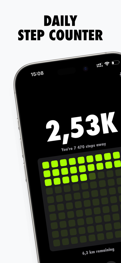 StepGrid - Step Counter - StepGrid mobile app interface showing a daily step counter with a green 10 by 10 progress grid