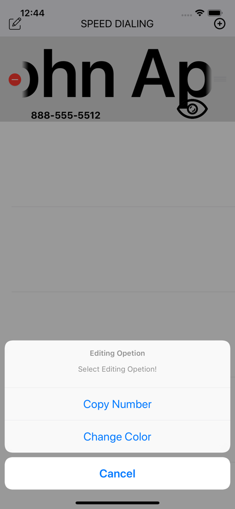 Interfaz de la aplicación Marcación Rápida que muestra opciones para copiar un número de contacto o cambiar su color de visualización.
