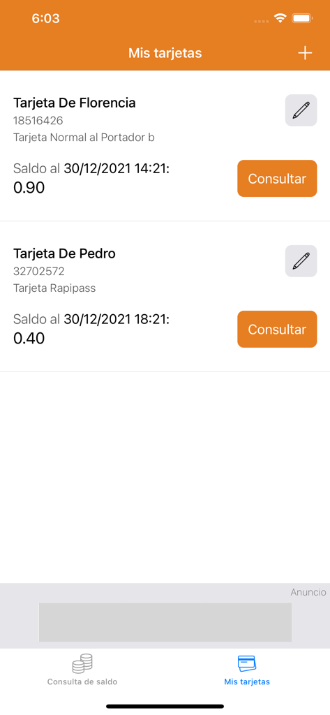 Lista de tarjetas de transporte guardadas y sus saldos actuales en la aplicación Saldo Metro Bus Panamá