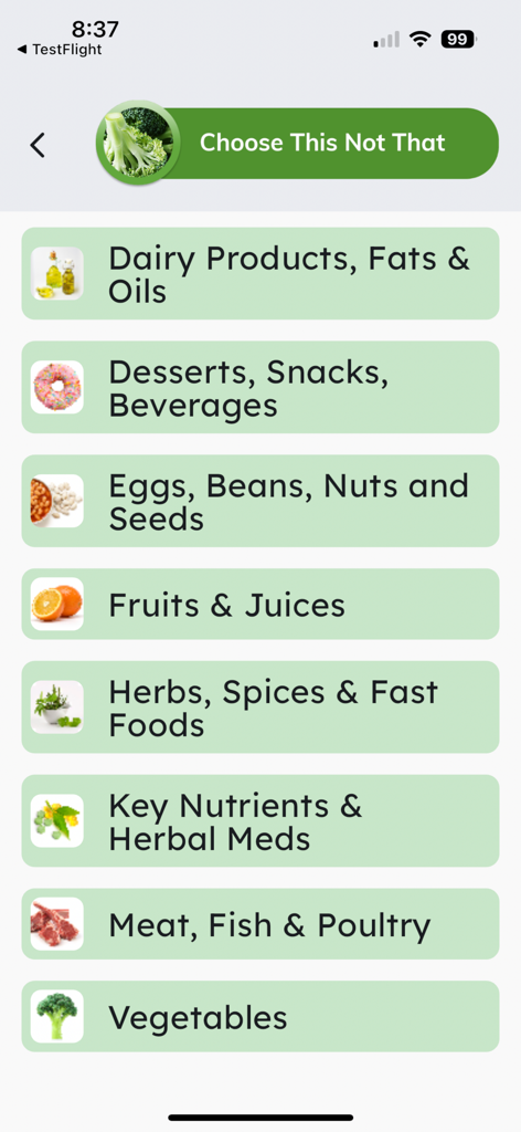 Menú de la aplicación Crohns Disease Plus con categorías de alimentos para asesoramiento dietético personalizado