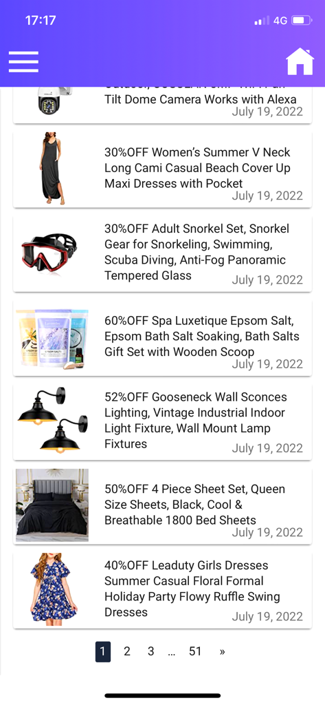 Coupons For Shopping Online - Screenshot der mobilen App, die eine Liste täglicher Amazon-Gutscheinangebote mit Rabatten von bis zu sechzig Prozent auf Haushalts- und Bekleidungsartikel anzeigt