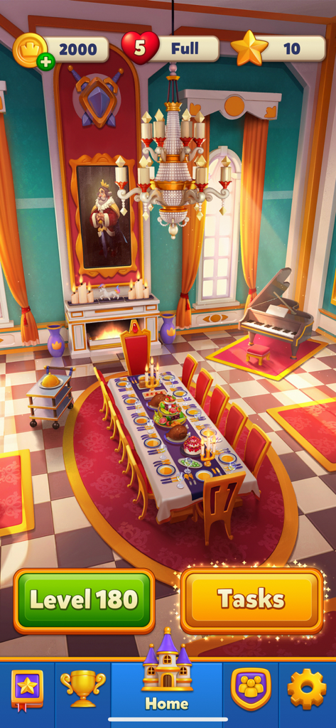 A decorated dining hall in Royal Match with a grand table a piano and king roberts portrait