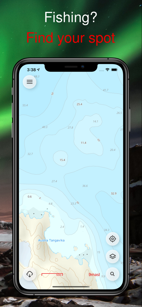 Norgeskart - Norgeskart app displaying a detailed nautical sea map for fishing along the Norwegian coast