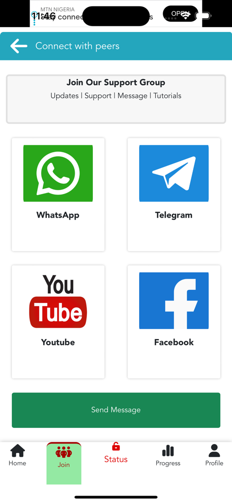 Interfaz para unirse a grupos de apoyo para exámenes en WhatsApp, Telegram, YouTube y Facebook.