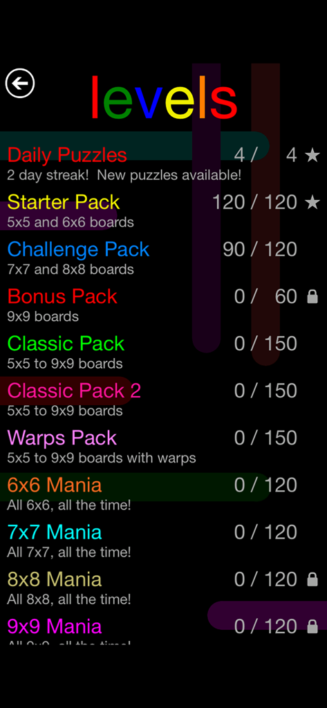 Flow Free: Bridges - Level selection menu for Flow Free Bridges showing puzzle packs and completion status