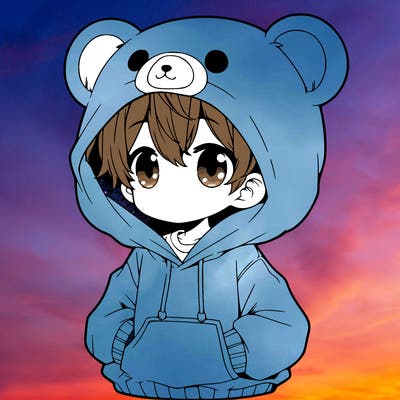manga boy in a oversized bear hoodie