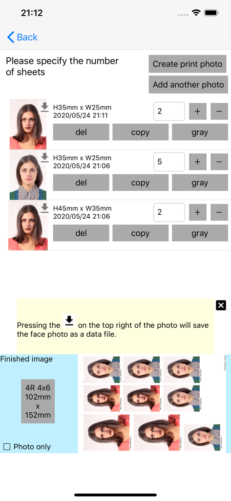 ID Photo application - Mobile interface showing multiple ID photos prepared for a 4x6 print sheet