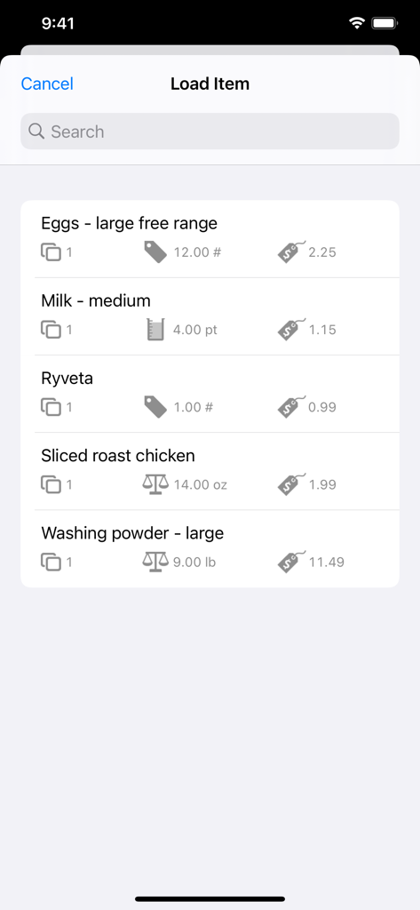 Easy Price Compare - A list of saved grocery items like eggs, milk, and washing powder with their units and prices for quick comparison.
