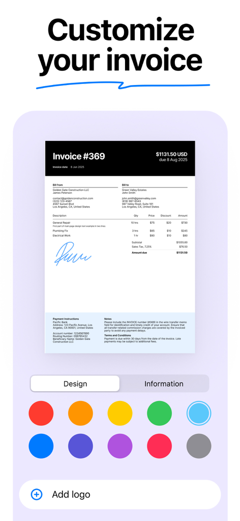 Interface for customizing professional invoice templates with brand colors and business logos