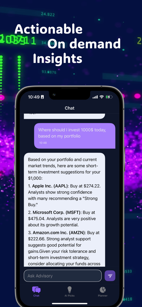 Advisory app AI chat interface showing personalized stock investment recommendations