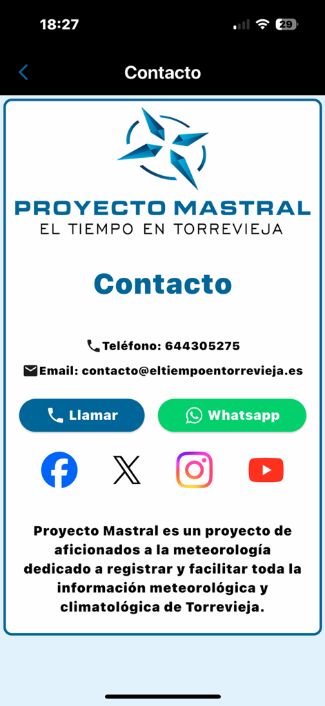 Proyecto Mastral - Pantalla de información de contacto de la aplicación meteorológica Proyecto Mastral con teléfono, correo electrónico y enlaces a redes sociales.