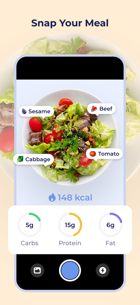 DietBuddy - AI Food Tracker - A mobile interface of DietBuddy app showing the AI food logging feature where a salad is analyzed for its ingredients, calories, and macronutrients.