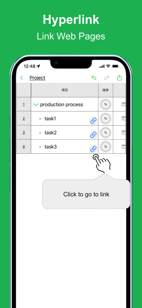 GanttchartAI: GanttChart by AI - Webページへのハイパーリンクが添付されたプロジェクトタスクを表示するGanttchartAIモバイルインターフェイス。