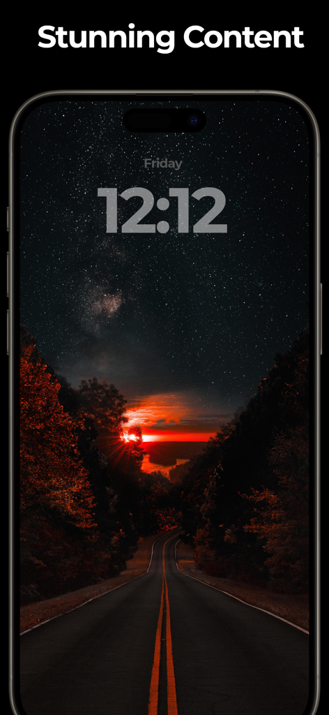 Black Lite - Live Wallpapers - iPhone lock screen showcasing a dark live wallpaper with a road leading towards a vibrant sunset under a starry night sky.