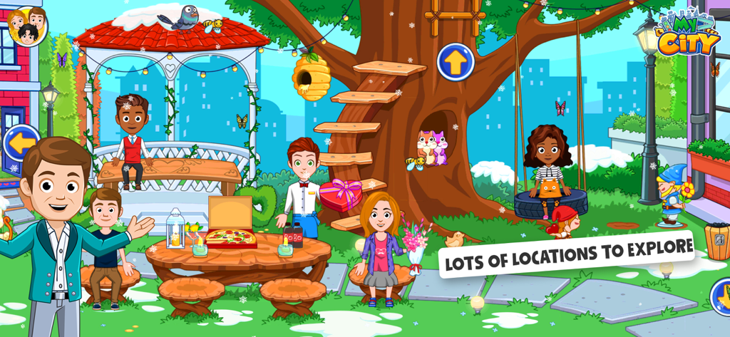 My City : Love Story - Cartoon characters having a pizza picnic and playing in a garden with a treehouse and gazebo in My City Love Story.