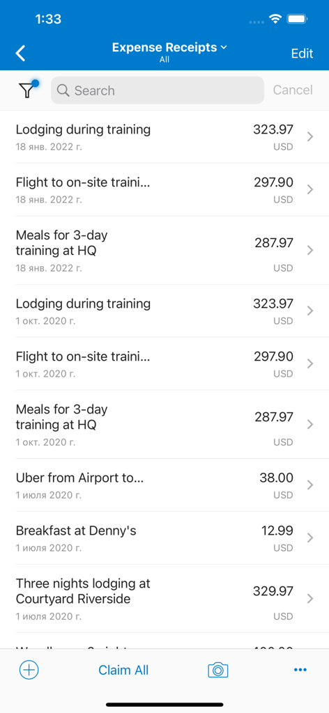 A list of business expense receipts showing costs for lodging, flights, and meals within the Acumatica mobile app