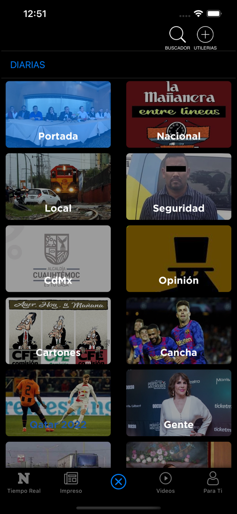 Interfaz de la aplicación El Norte mostrando una cuadrícula de categorías de noticias diarias como Nacional, Local y Opinión.