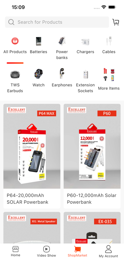 HappySell - Interfaz del catálogo de productos B2B de la aplicación HappySell que muestra categorías como baterías y power banks solares.