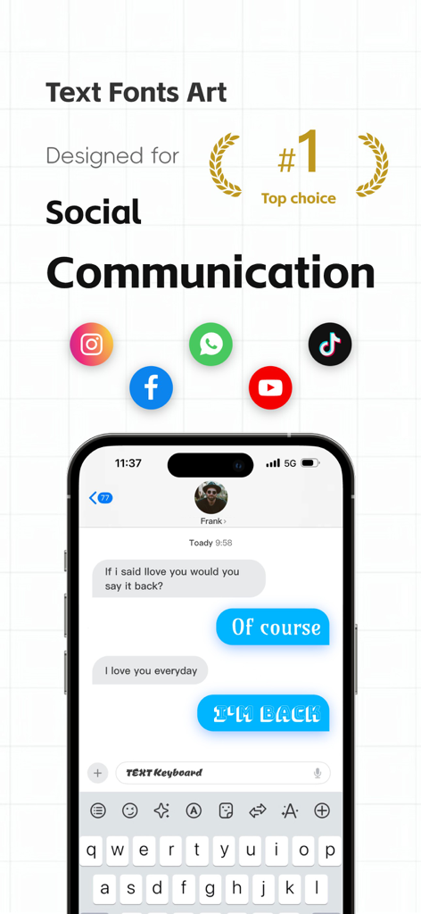 Fonts - Stickers Keyboard - Aplicación de teclado Fuentes mostrando texto estilizado en una interfaz de mensajería de redes sociales.