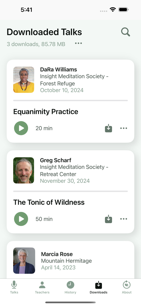 Dharma Seed - Dharma Seed app screen showing a list of downloaded meditation talks for offline listening