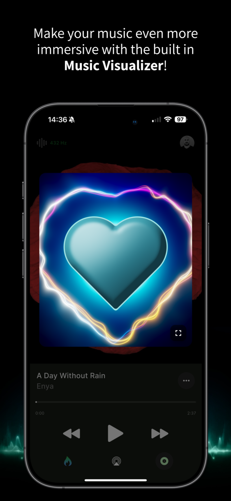 HZP (Hertz Player) - Pantalla de teléfono inteligente que muestra la aplicación HZP con un visualizador de música de corazón brillante y reafinação a frecuencia de 432 Hz.