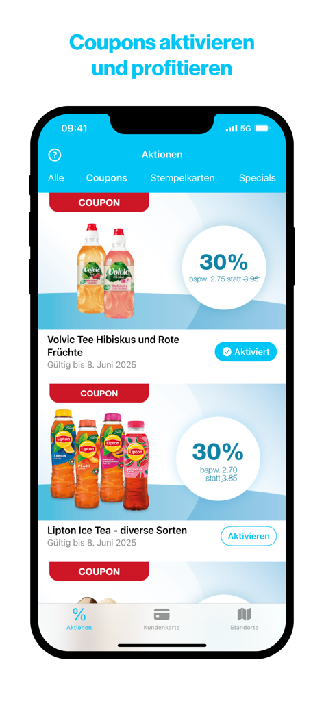 k kiosk - A screenshot of the k kiosk mobile app displaying digital coupons for drink discounts and loyalty rewards.