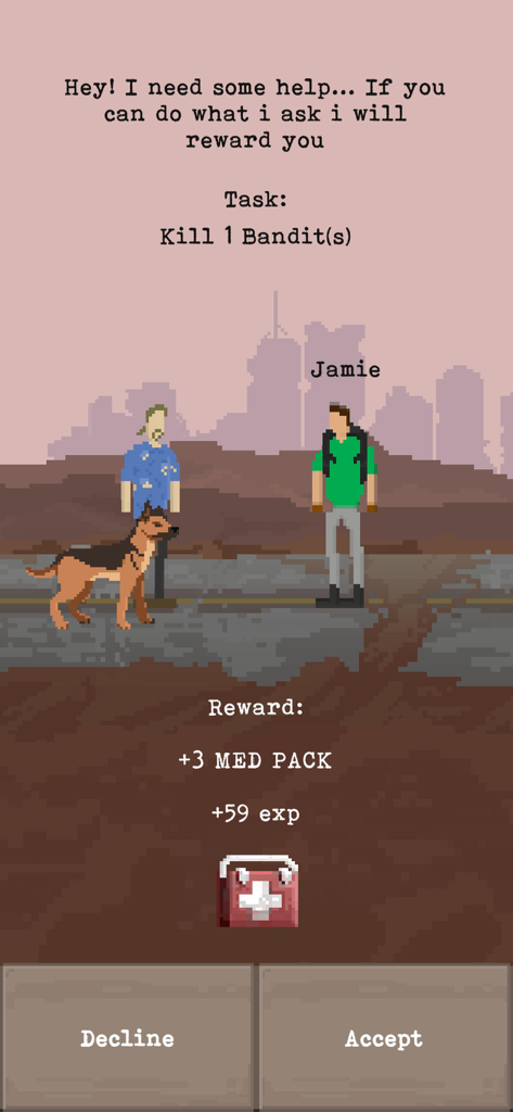 더 원더러 포스트 아포칼립스 RPG의 퀘스트 대화 화면으로, 캐릭터와 개 동반자를 보여줍니다.