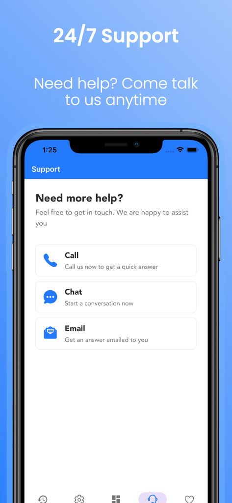 BCRemit - BCRemit mobile App-Support-Bildschirm mit 24/7-Optionen für Anrufe, Chat oder E-Mail für Kundenhilfe