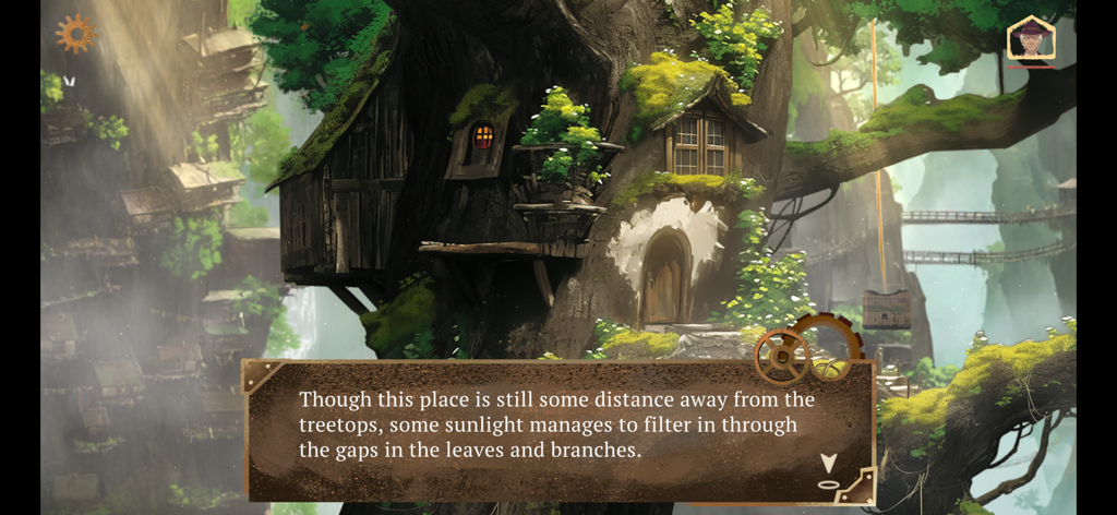 The Apocalypse Sacrifice - Una vista panorámica de una aldea construida dentro de un árbol gigante del juego de aventuras retro The Apocalypse Sacrifice.