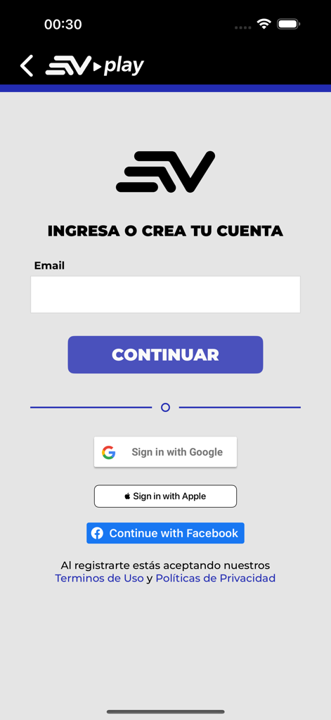 Ecuavisa Play - Pantalla de inicio de sesión y registro de la aplicación Ecuavisa Play con opciones de inicio de sesión por correo electrónico y redes sociales