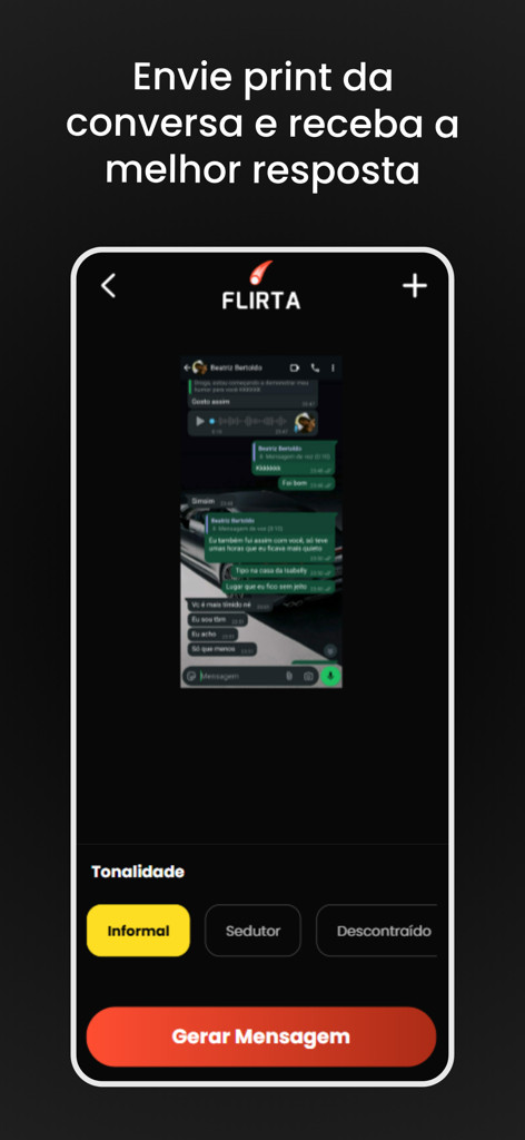 Flirta - Assistente de Paquera - Interface do aplicativo Flirta mostrando respostas de namoro geradas por IA a partir de uma captura de tela de bate-papo