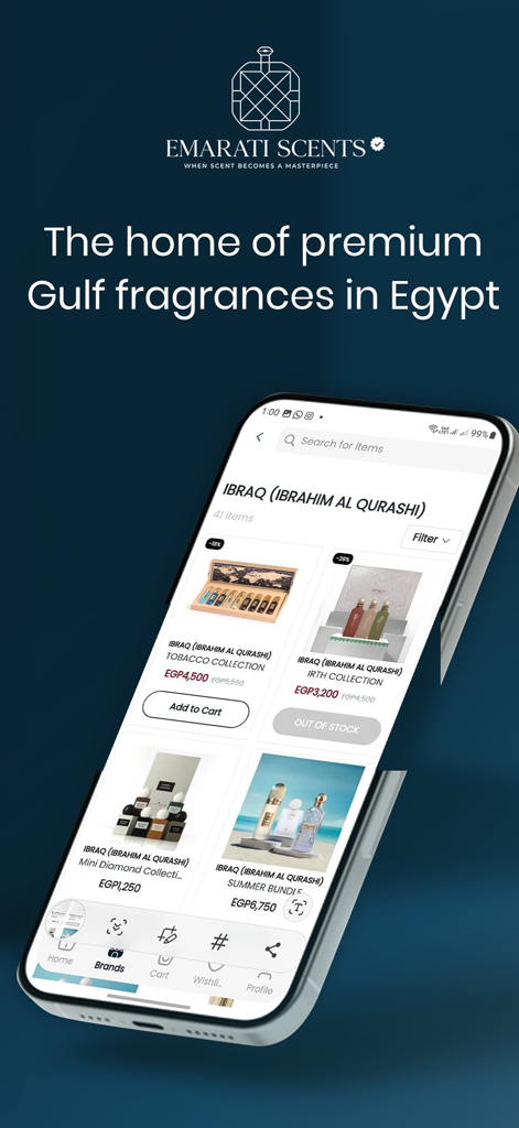 A mobile phone displaying the Emarati Scents app featuring a collection of premium Arabic perfumes