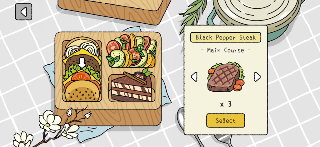 Adorable Home - A hand-drawn bento box being prepared with a burger salad and cake in the Adorable Home game
